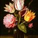 A Still Life With A Bouquet Of Tulips, A Rose, Clover And A Cylclamen In A Green Glass Bottle